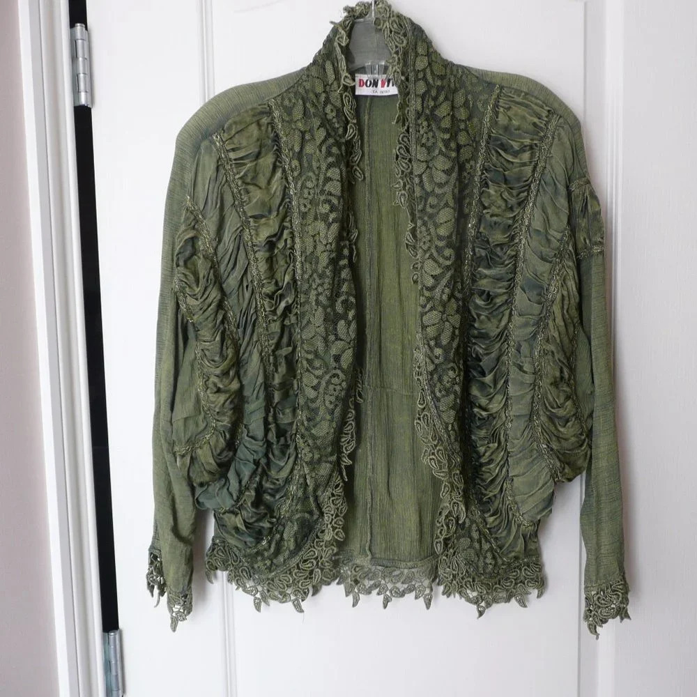Vintage Don Vito Open Front Jacket Cardigan Green Ruffles Made in Italy Witchy